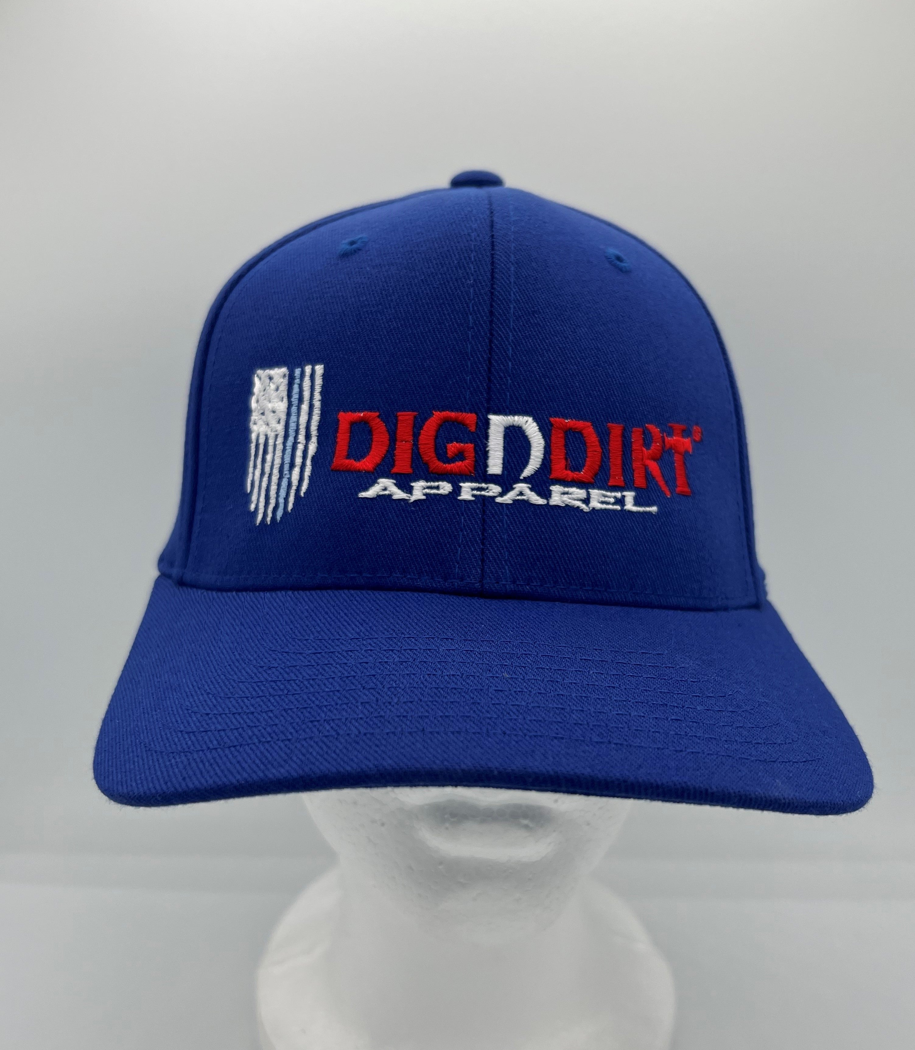 Red Blue Hat Apparel and FlexFit White DIGNDIRT